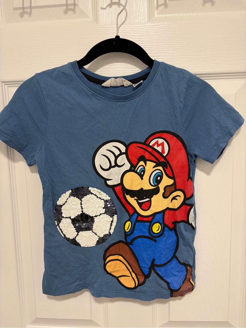 H&M Blue Kids T-Shirt with Red Super Mario Graphic and Sequin Soccer Ball